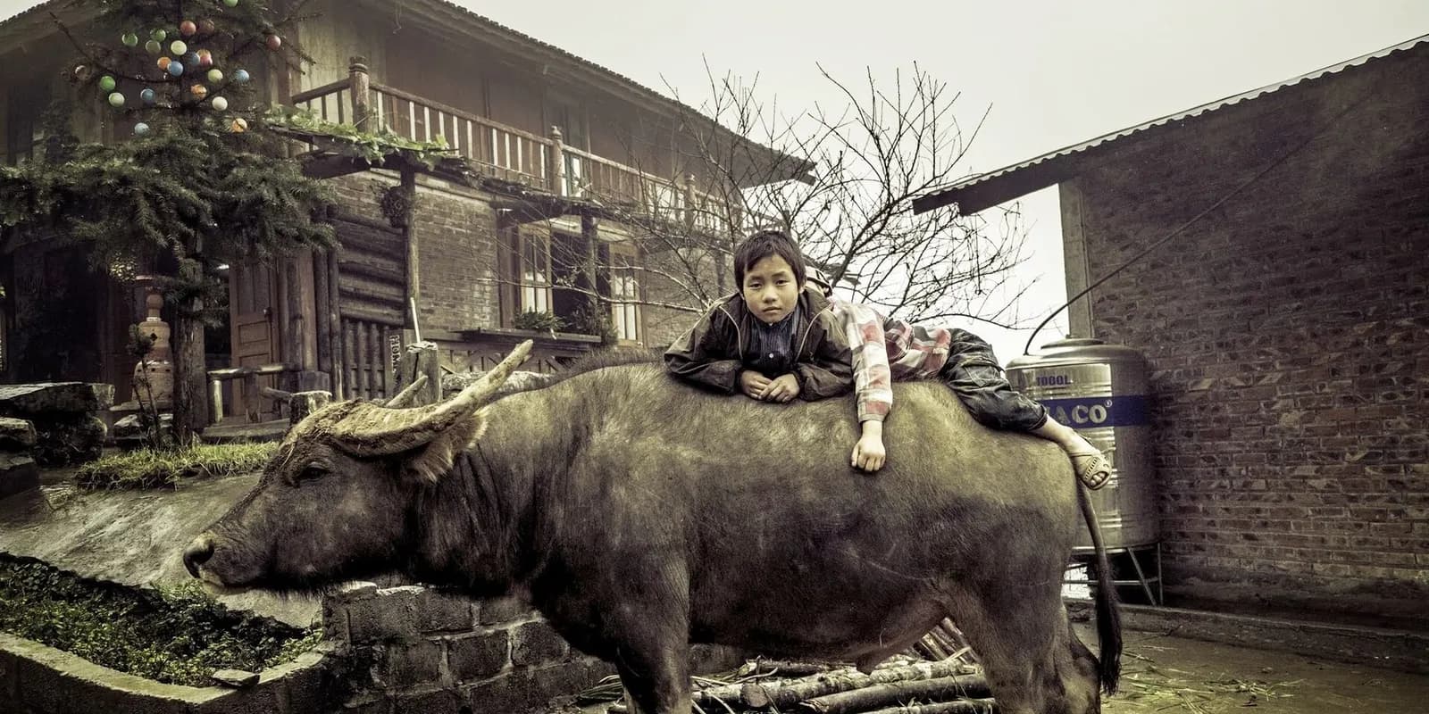 베트남 사파 깟깟 마을의 대나무 물레방아와 계단식 논, 골짜기 아래로 흐르는 띠엔사 폭포 풍경