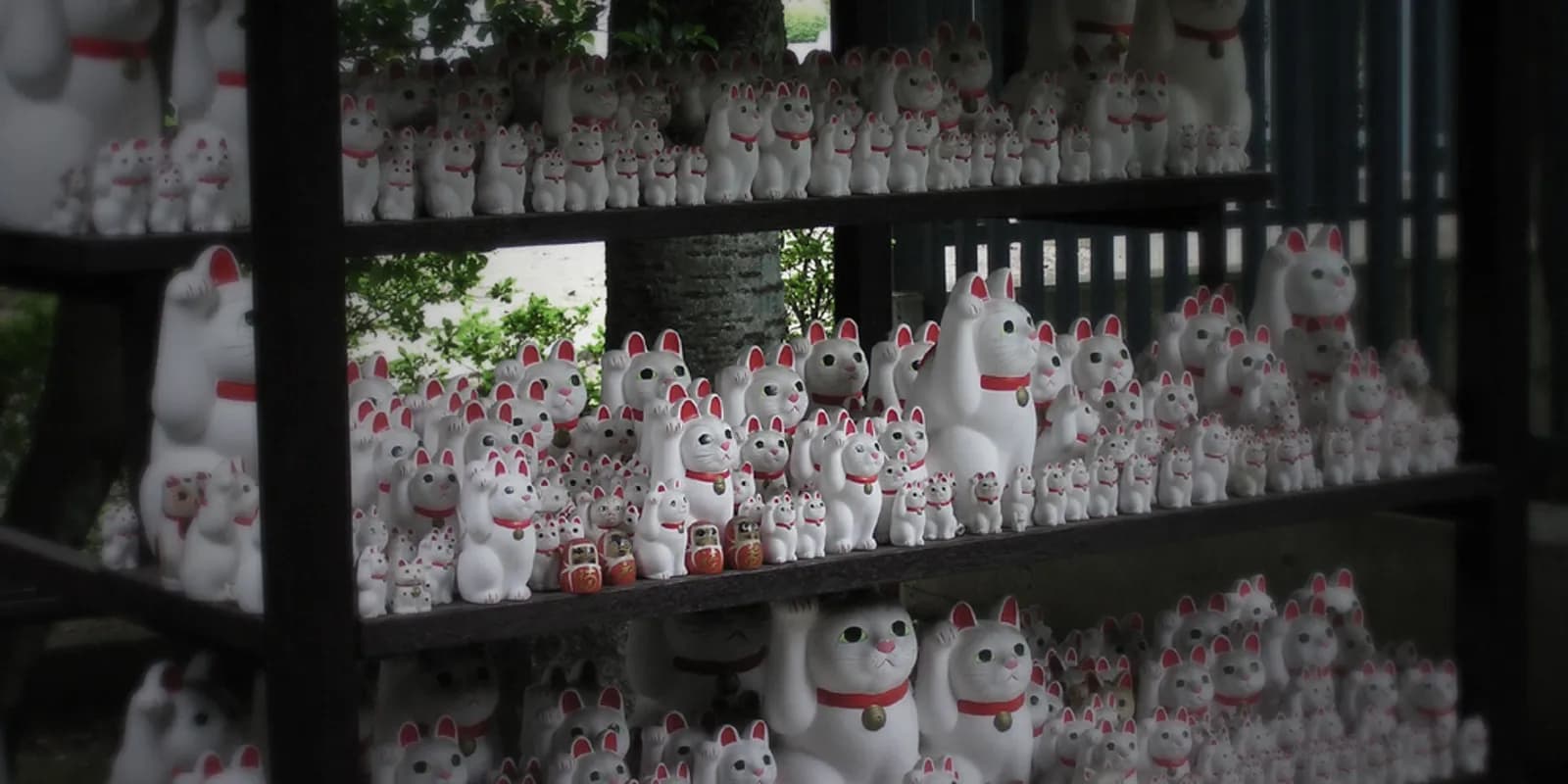 고토쿠지 봉납소에 계단식으로 빼곡히 놓인 수백 개의 하얀 마네키네코(복을 부르는 고양이) 조각상