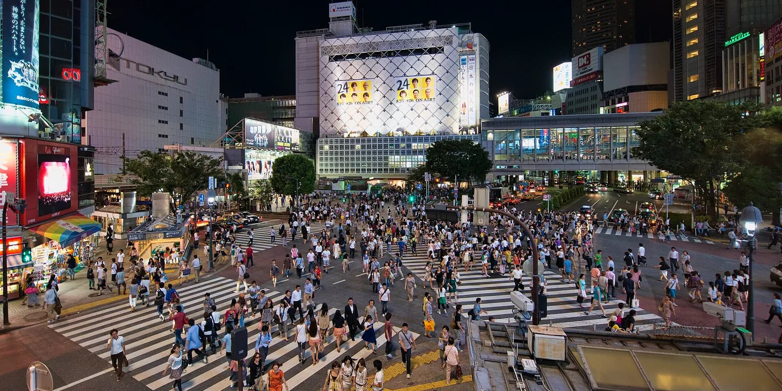 저녁 무렵 네온과 전광판이 켜진 도쿄 시부야 스크램블 교차로를 수많은 보행자가 사방에서 건너는 모습