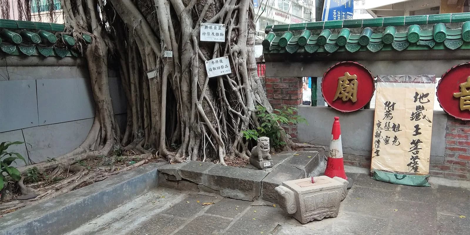 홍콩 야우마테이 틴하우 사원의 붉은 기와 외관과 앞 榕樹頭 광장의 오래된 반얀나무