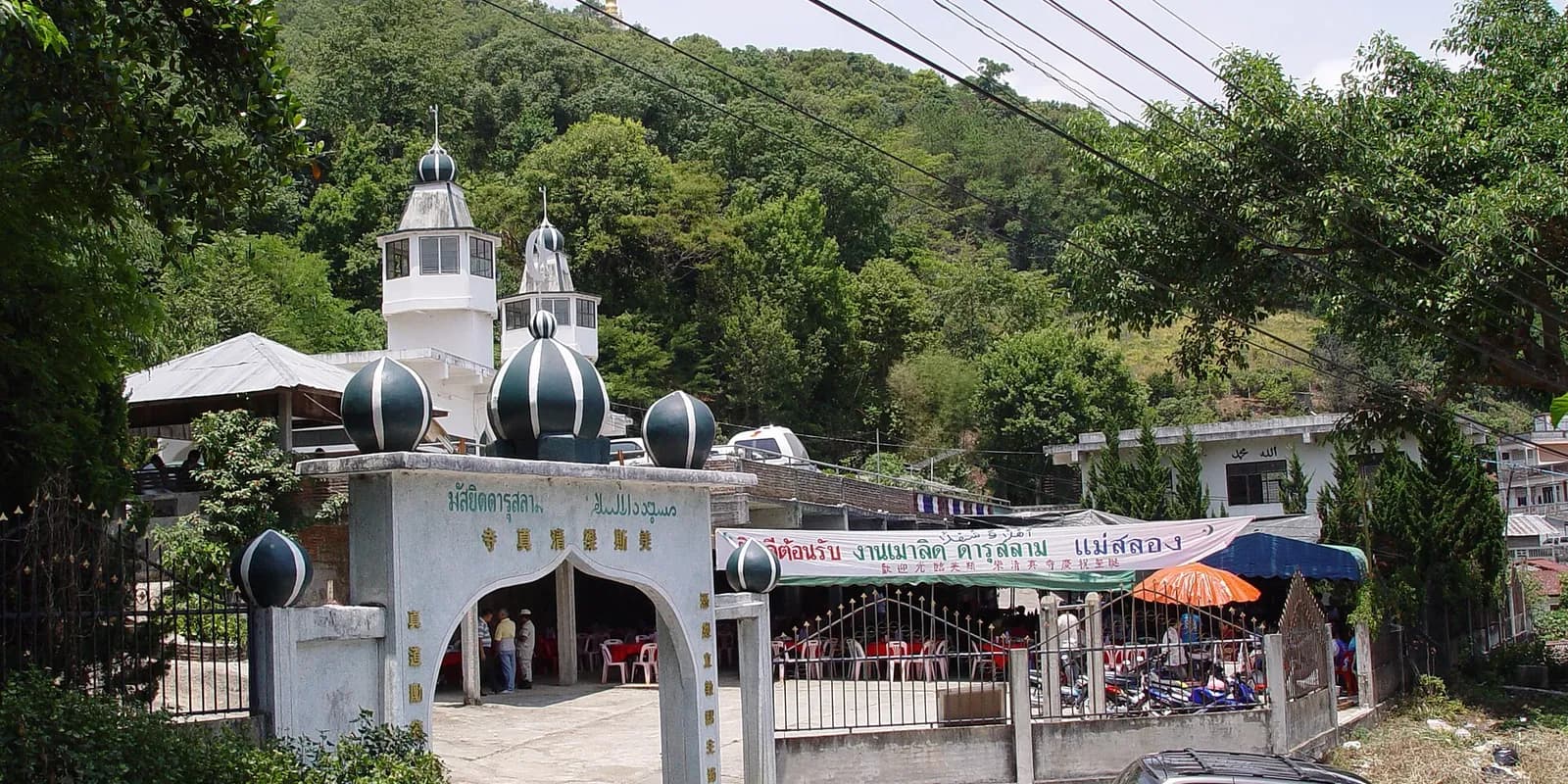 구름과 아침 안개에 잠긴 도이 매살롱 능선의 계단식 우롱차밭과 산띠키리 마을 풍경