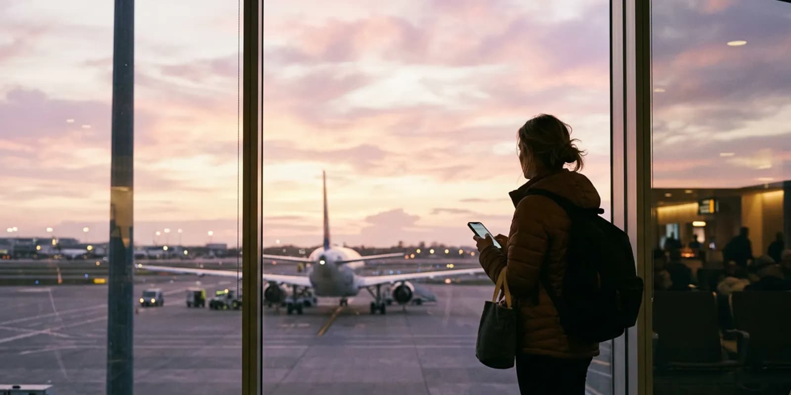 파스텔 톤의 공항 창가에 놓인 스마트폰과 탑승권, 여행 소품